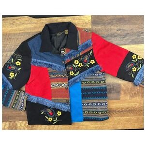 Julia Kim Patchwork Jacket Fringe‎ Trim Embroidered Boho Hippie Style Size S